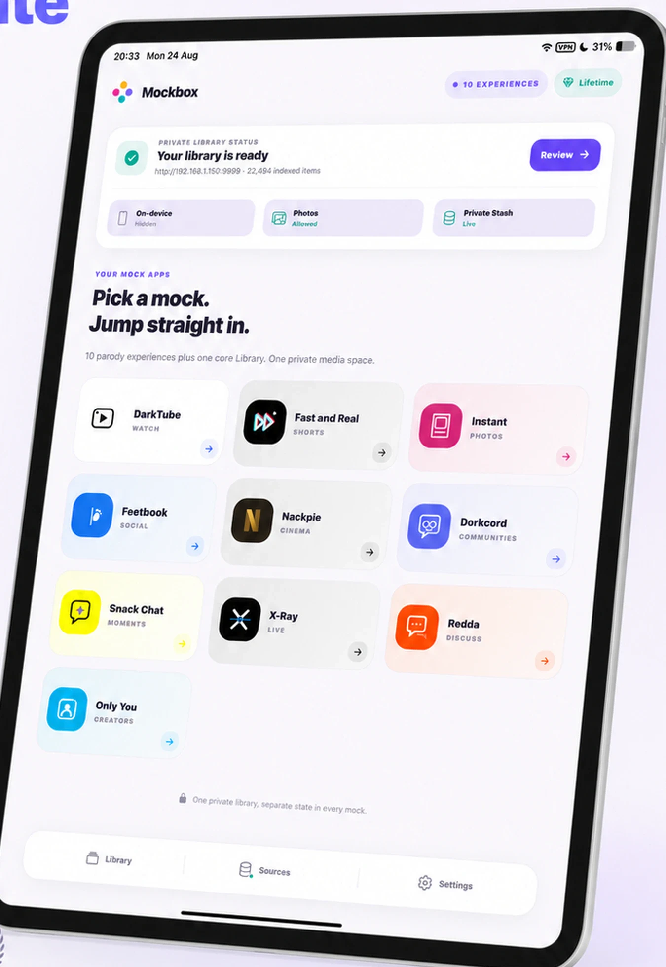 Mockbox lobby running on iPad with the ten private media experiences
